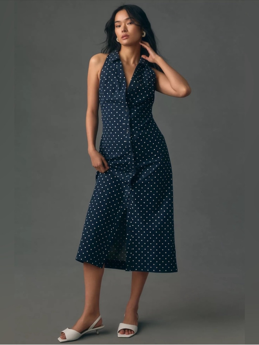 Anthropologie Maeve Halter Slim Midi Button Down Dress Polka Dot Blue Size XS - Picture 1 of 12